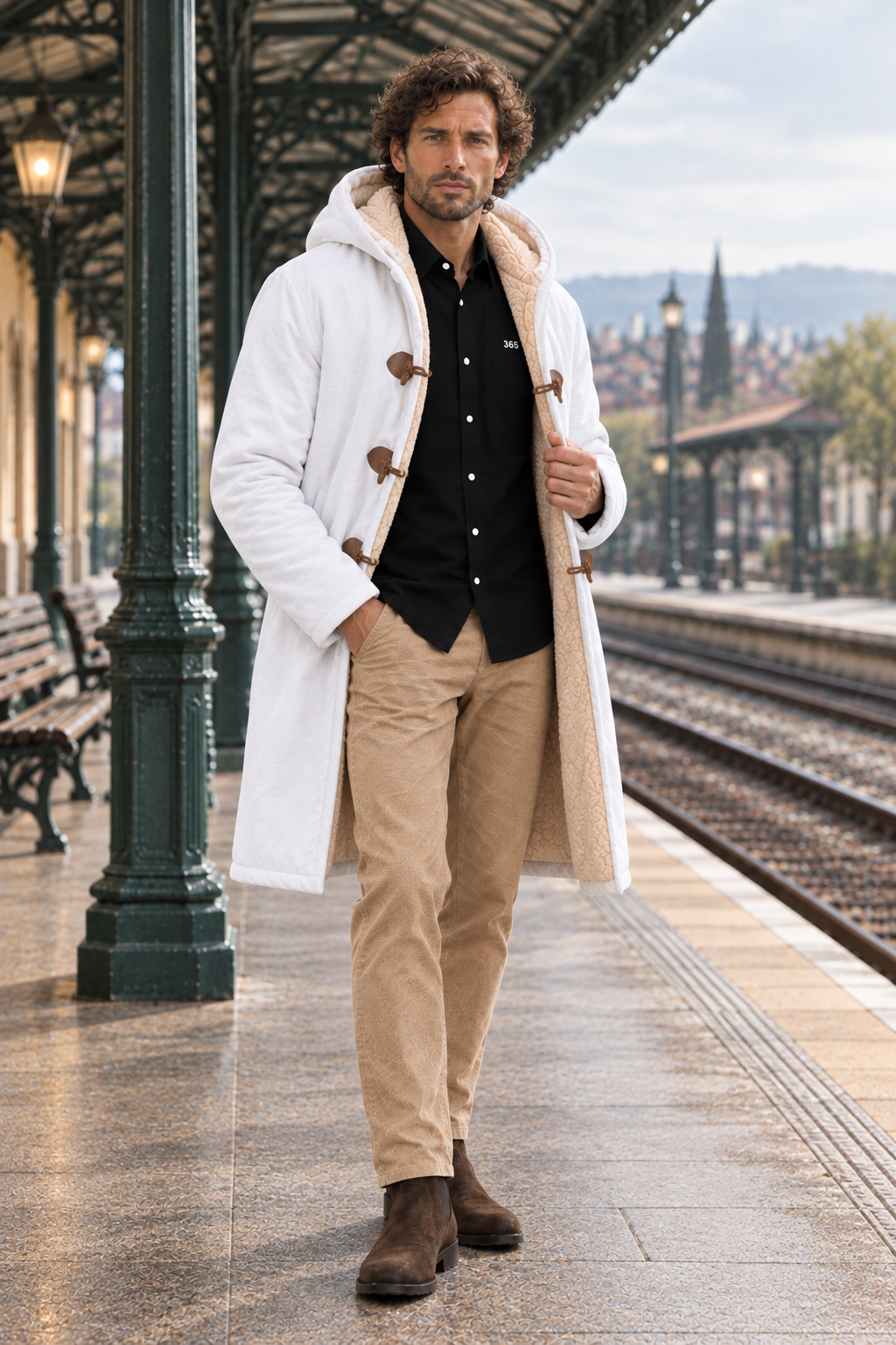 Modelo de pie en tres cuartos con abrigo blanco y camisa negra