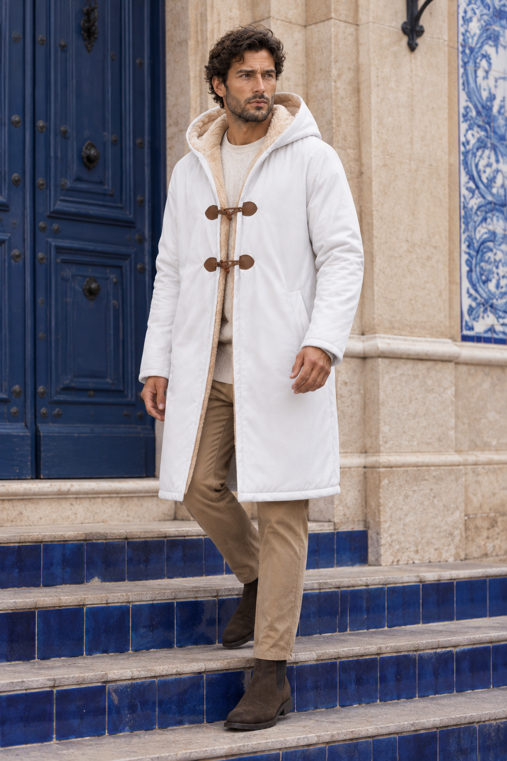 Abrigo blanco en vista tres cuartos con pantalón camel
