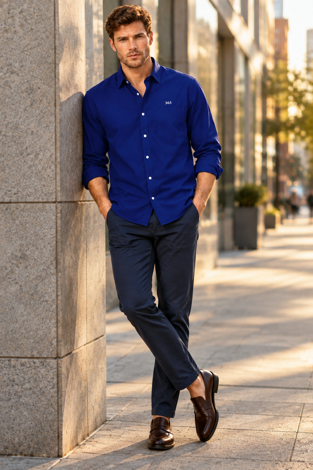 Camisa azul, apoyado en una columna