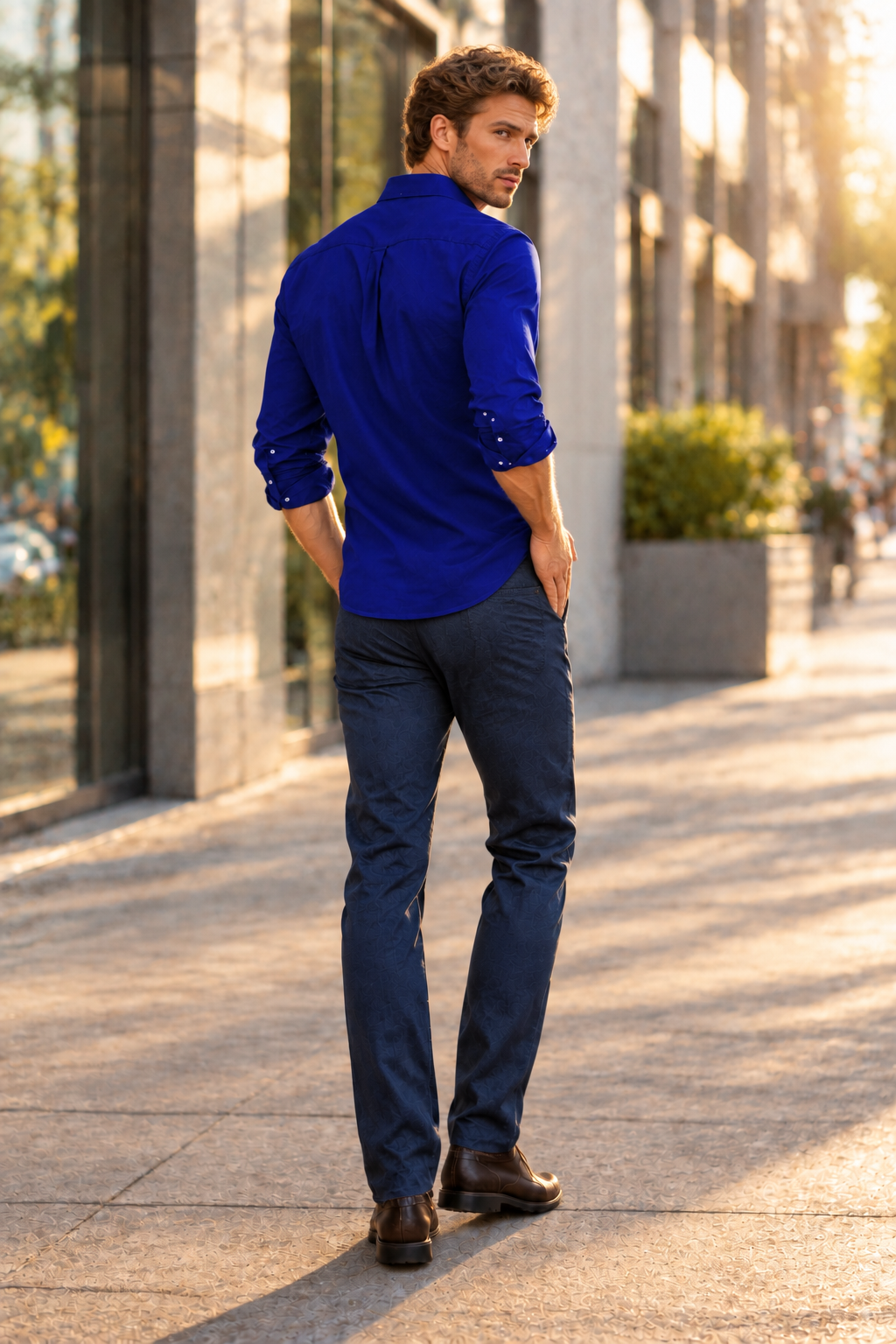Camisa azul de espaldas mirando por encima del hombro