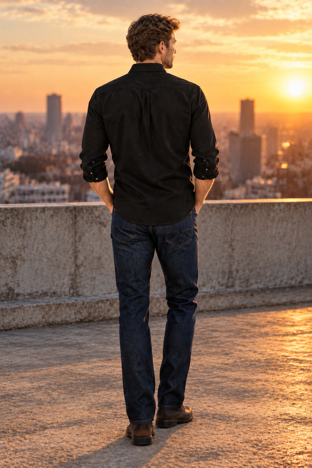 Camisa negra, vista trasera en azotea urbana al atardecer