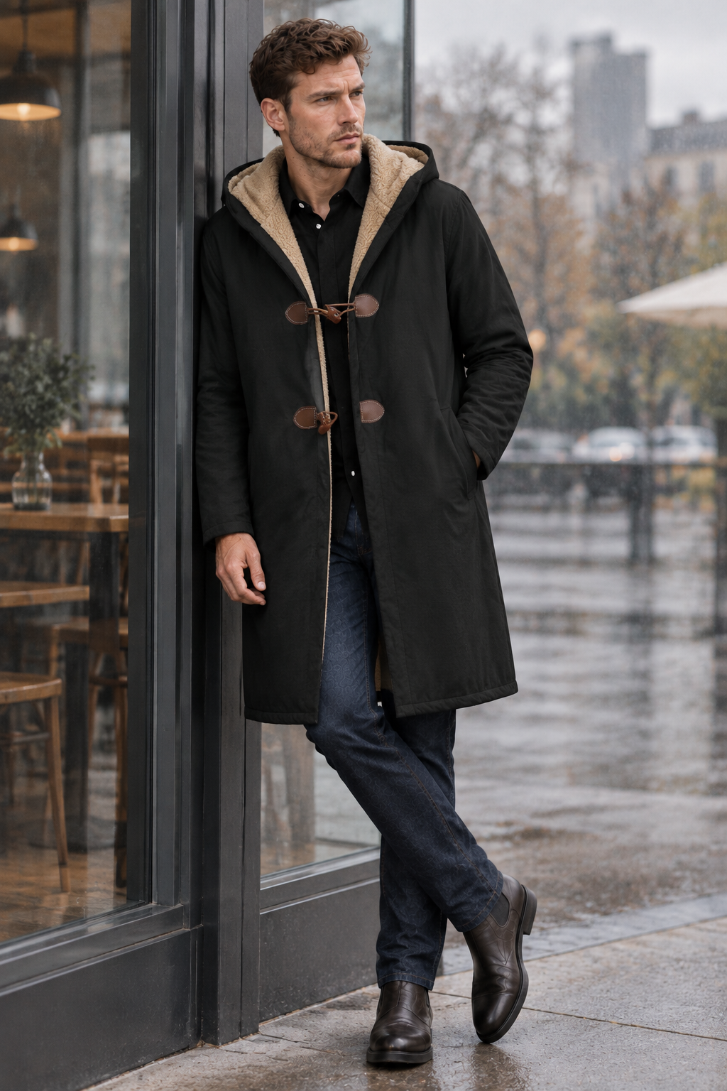 Modelo con abrigo negro junto a una cafetería moderna