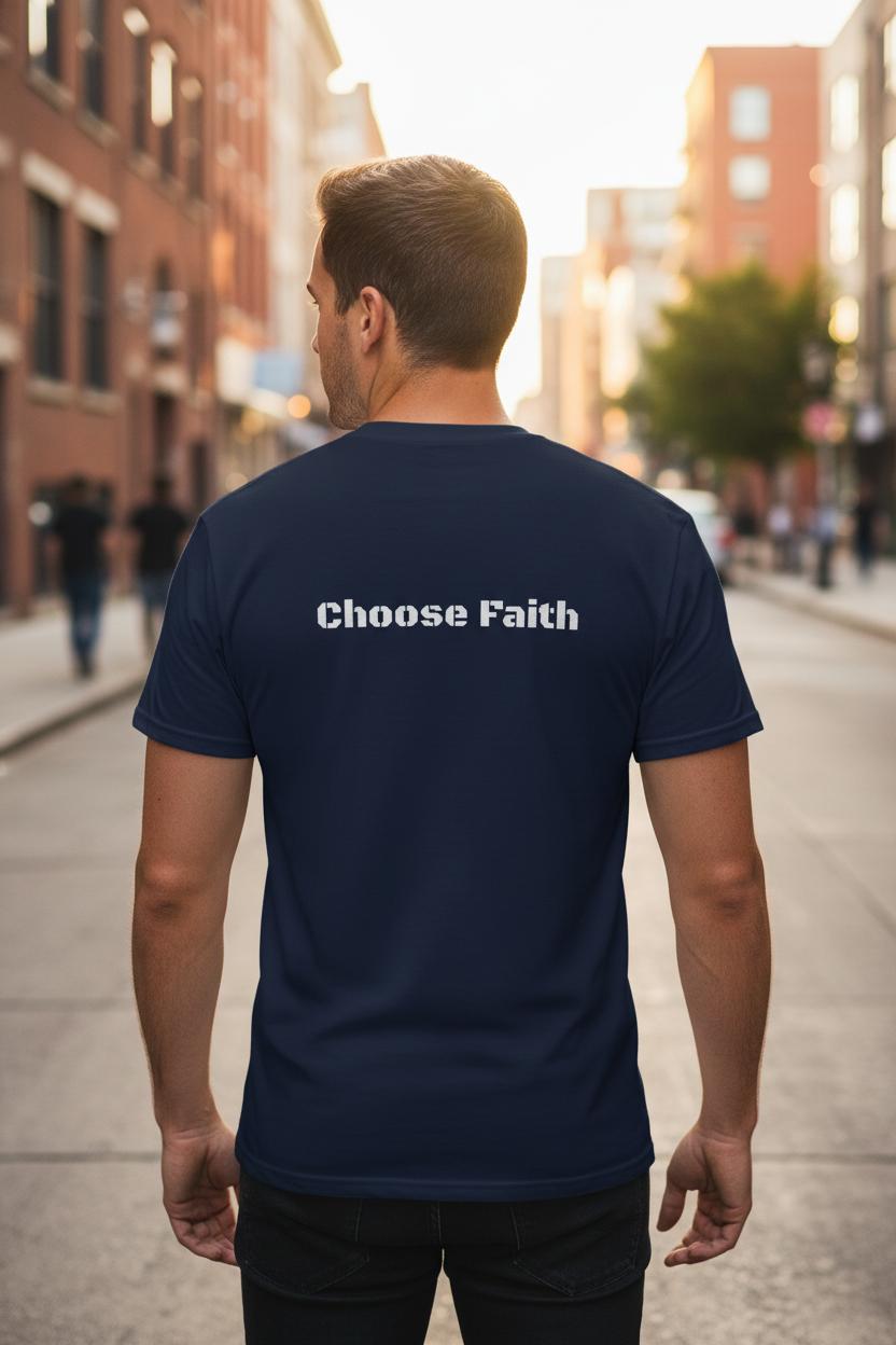 Modelo masculino camiseta navy de espaldas urbano