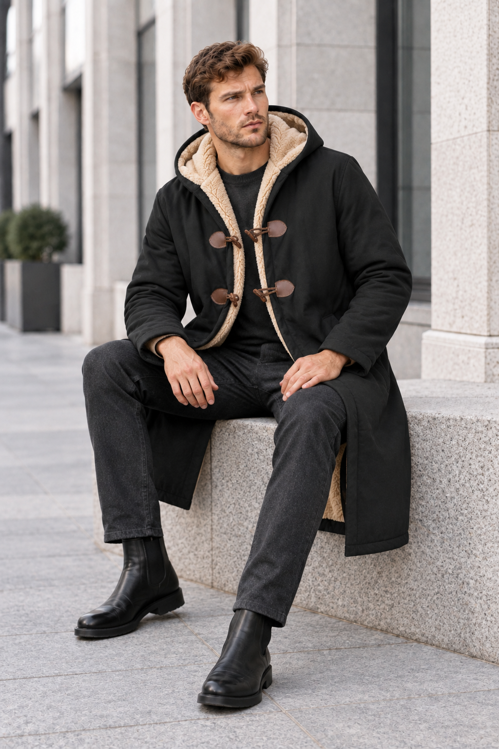 Modelo sentado con abrigo negro